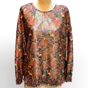 VINTAGE 80s shiny iridescent‎ blouse top paisley floral statement dolman sleeves